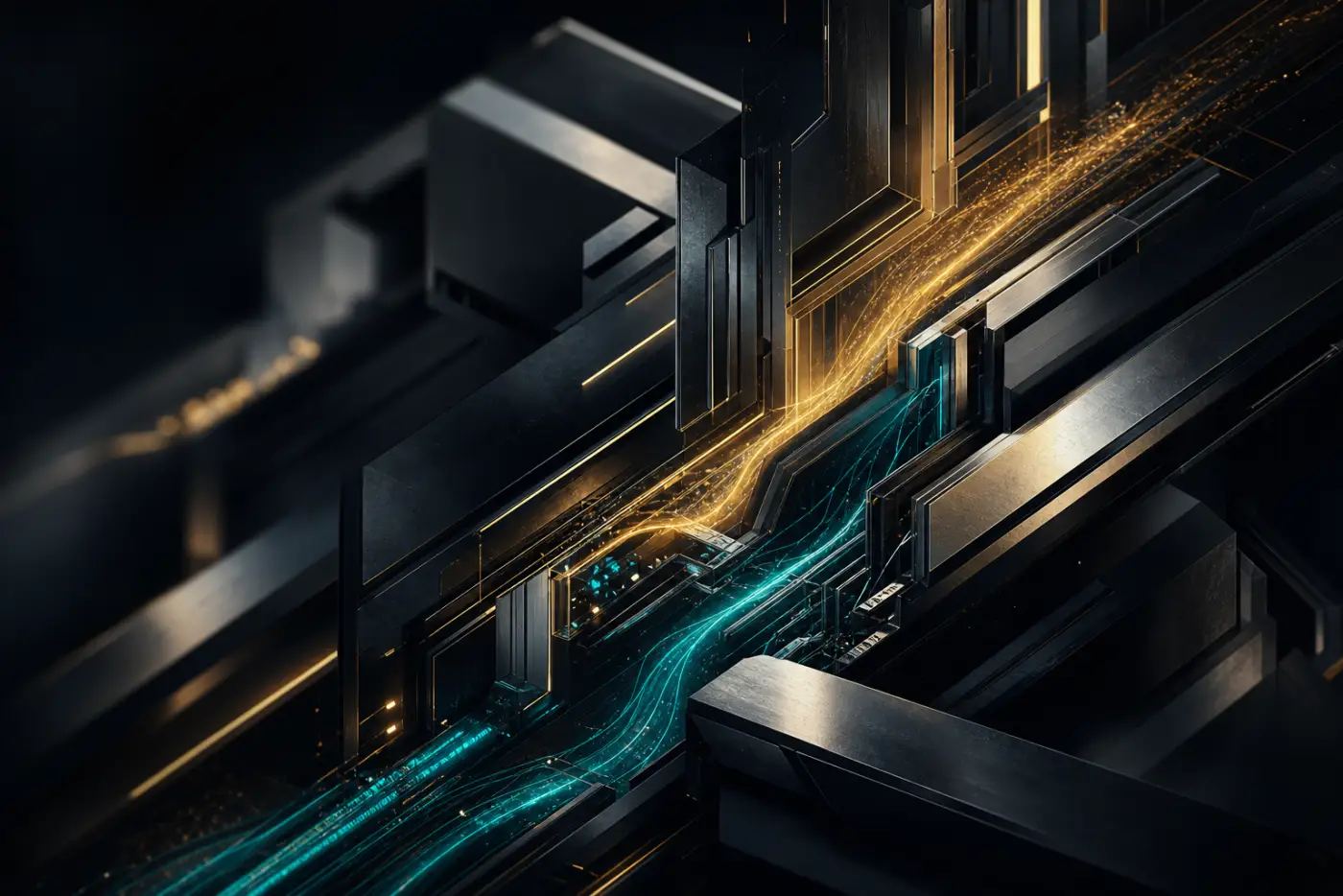 Abstract industrial geometry representing Shichifukutekx enterprise AI operations